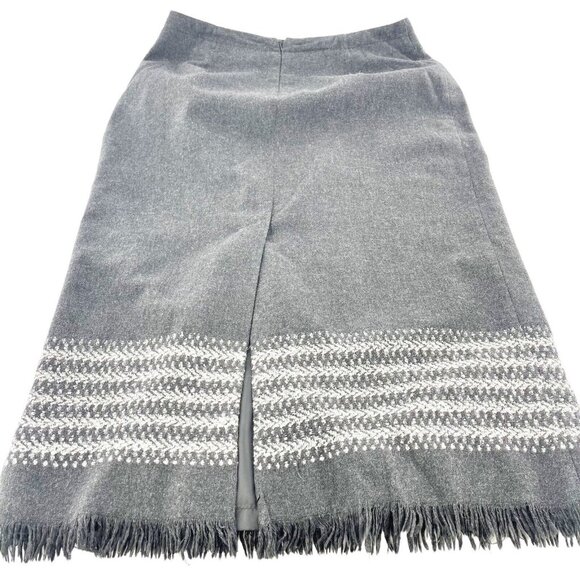 Vtg Michele Wool Blend Fringe Hem Skirt 16 Gray & White Midi Western USA Fringe - Picture 8 of 12